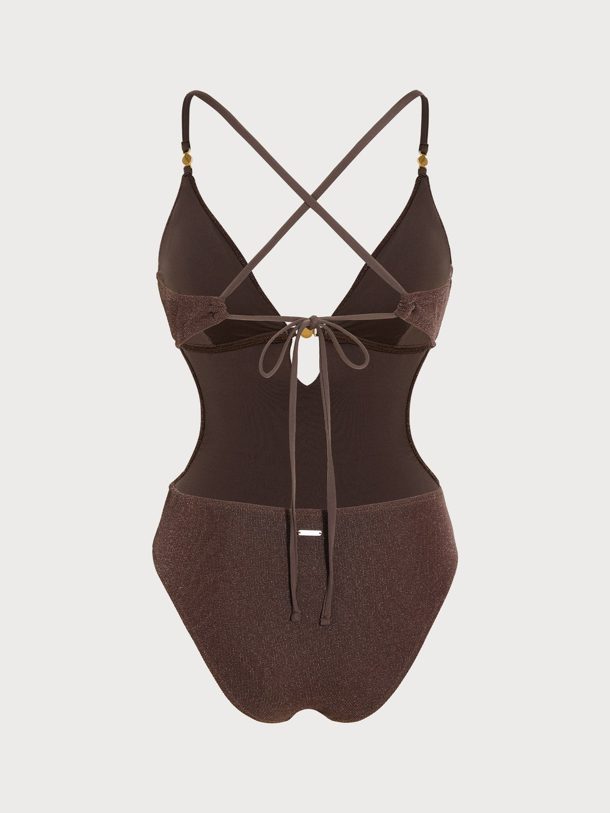 Brown Lurex Cowl Neck Gold-Accented One‑Piece Swimsuit