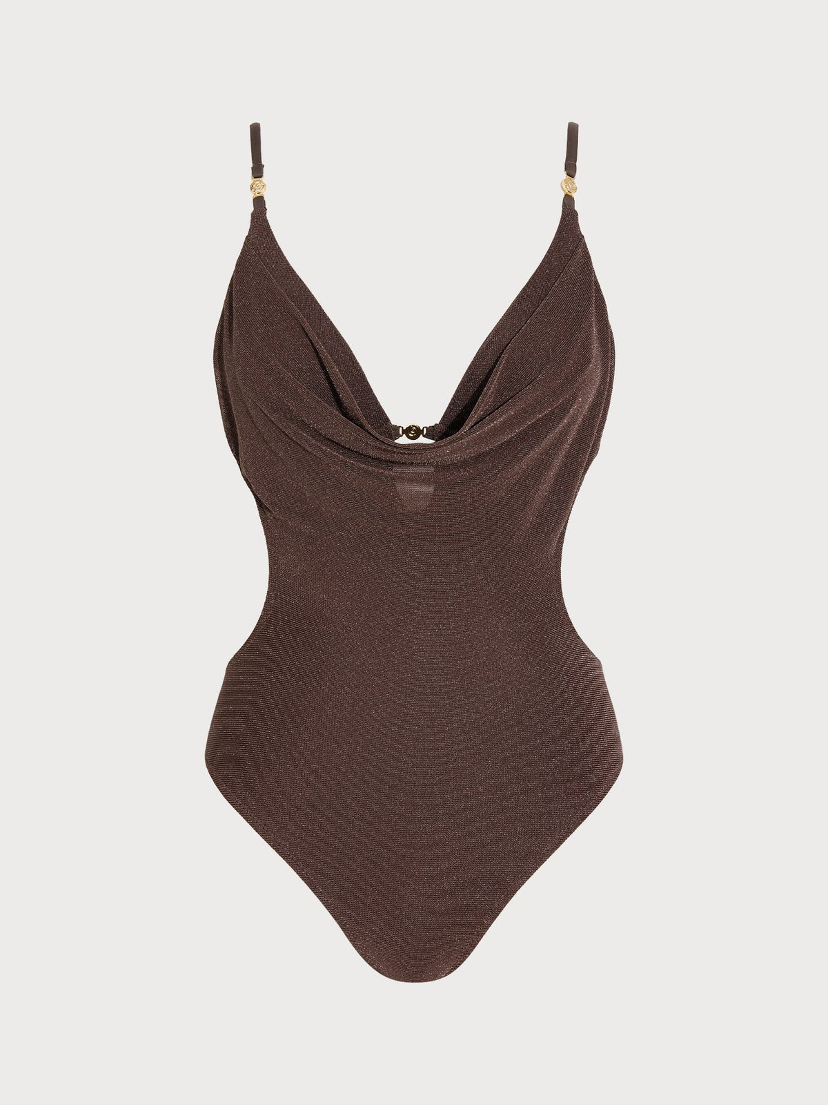 Brown Lurex Cowl Neck Gold-Accented One‑Piece Swimsuit