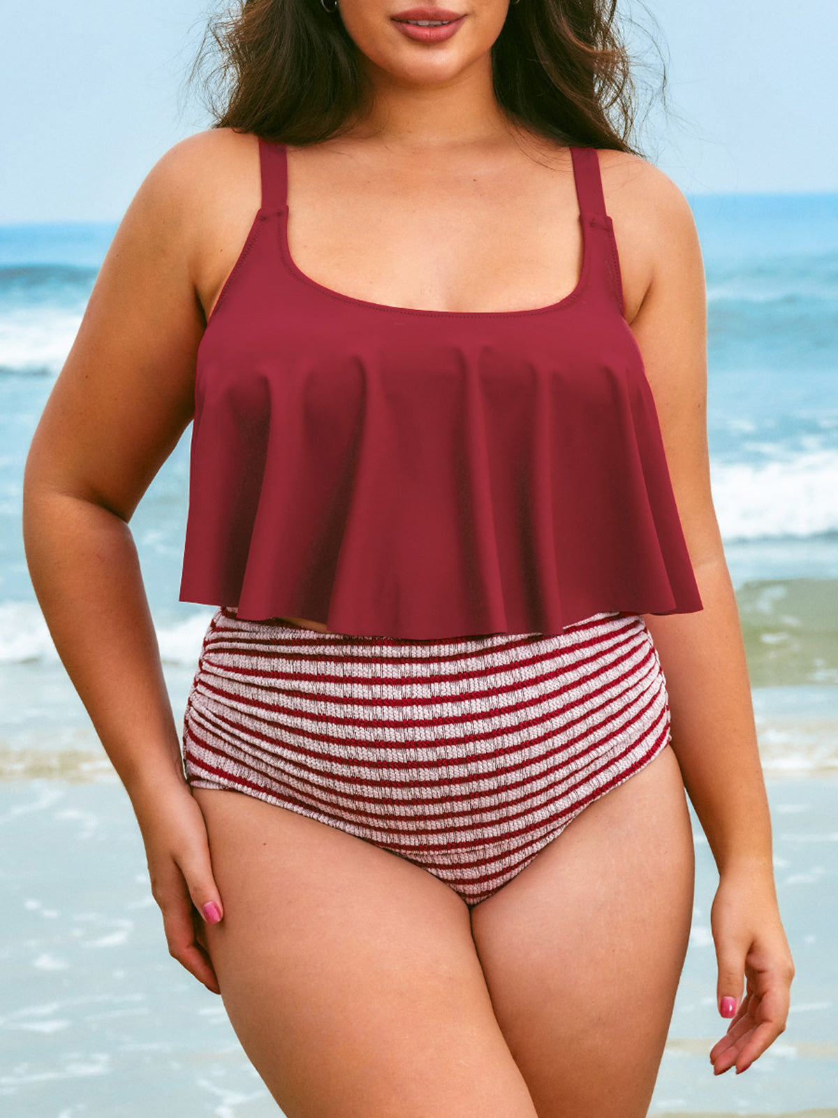 Wine Red U-Neck Plus Size Tankini Top