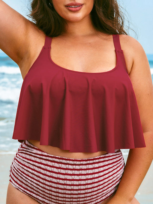 Wine Red U-Neck Plus Size Tankini Top