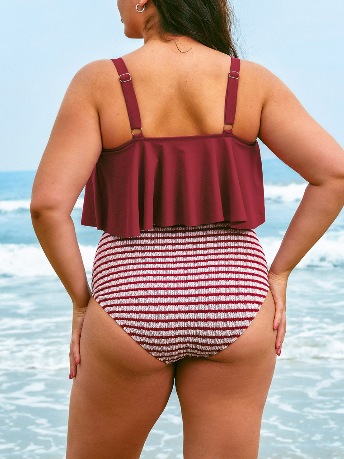 Wine Red U-Neck Plus Size Tankini Top