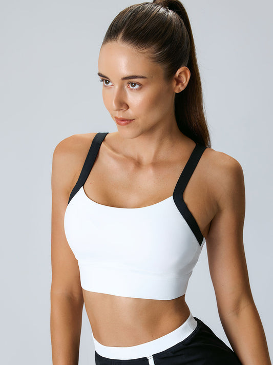 White Contrast Strap Sports Bra - Medium Support