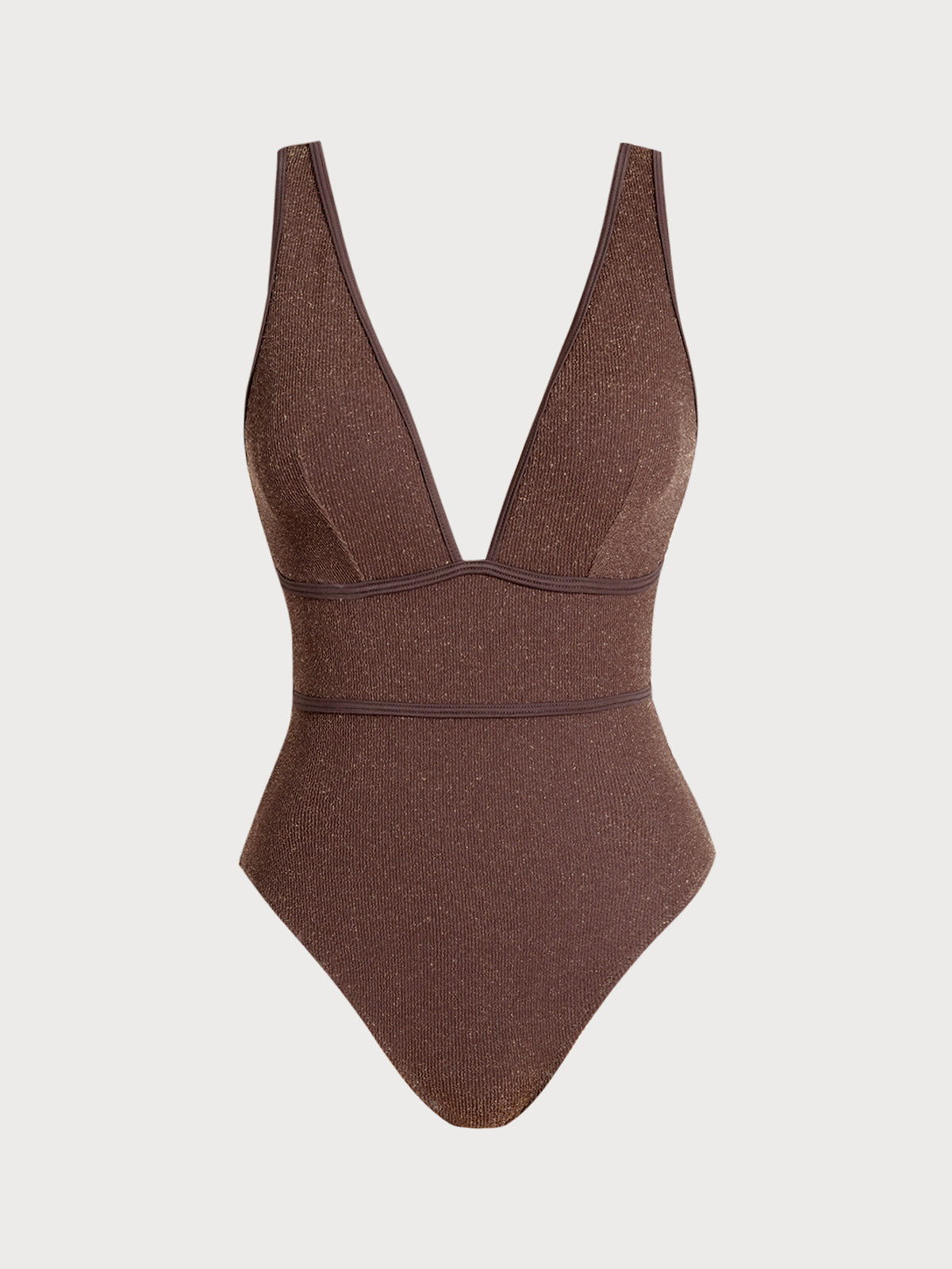 Dark Coffee Lurex V-Neck One-Piece Swimsuit