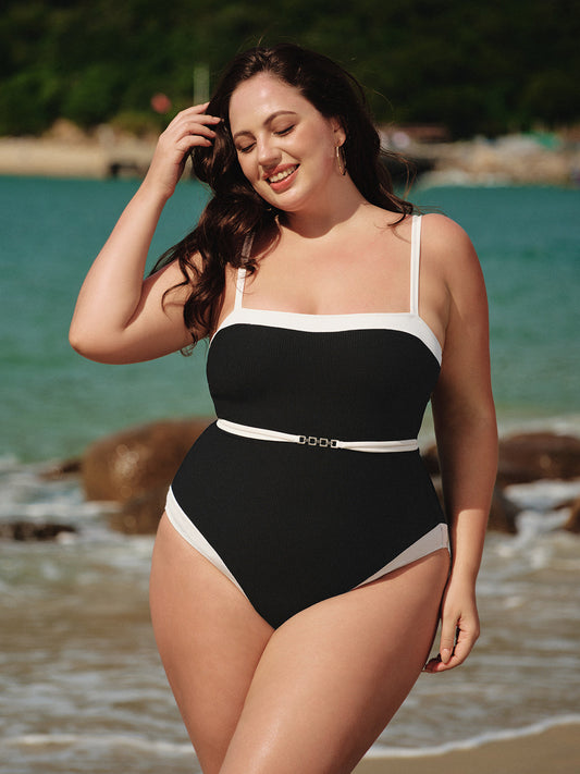 Black Contrast Gleam Plus Size One-Piece Swimsuit