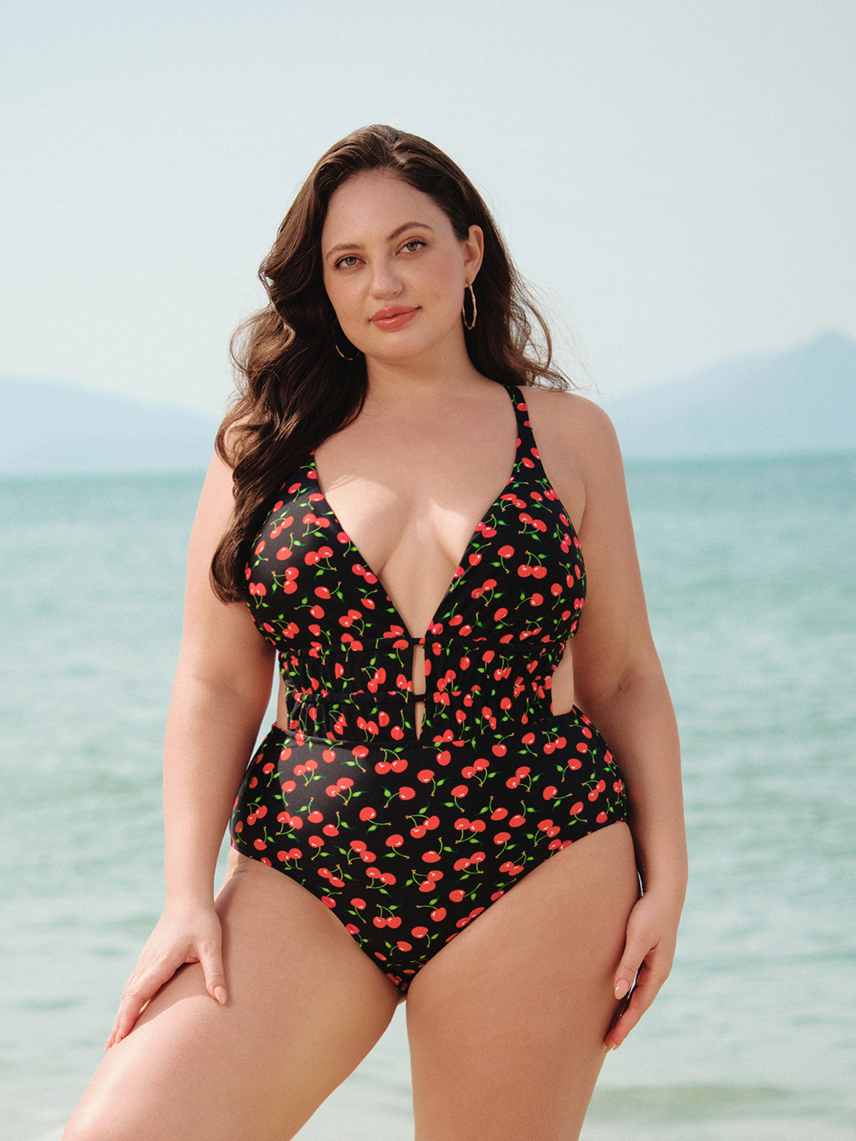 Cherry Drawstring Plus Size One-Piece Swimsuit