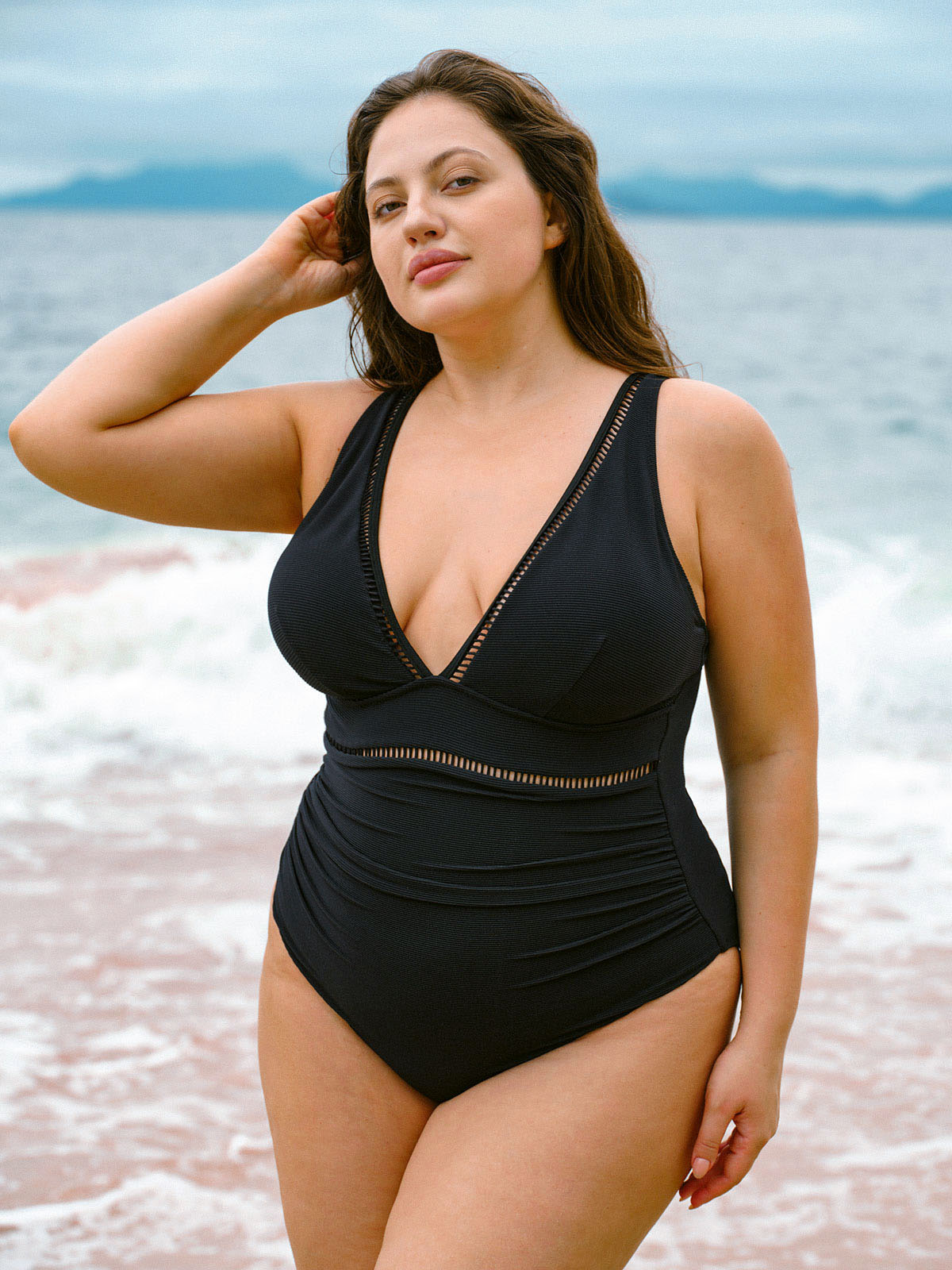 Black V Neck Ruched Plus Size One-Piece Swimsuit