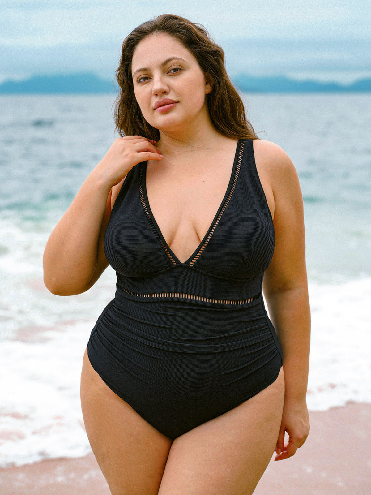 Black V Neck Ruched Plus Size One-Piece Swimsuit