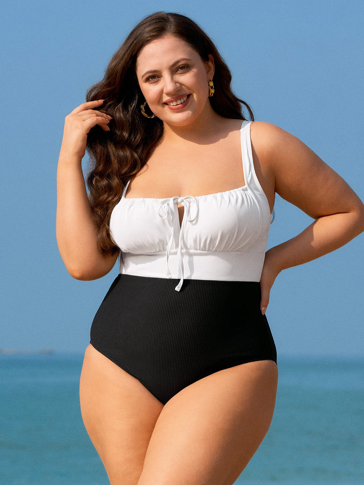 Black Contrast Strap Tie Plus Size One-Piece Swimsuit