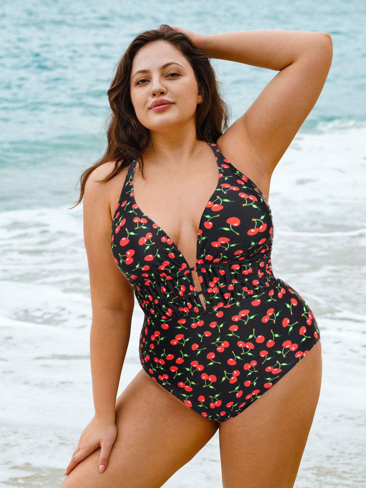 Cherry Drawstring Plus Size One-Piece Swimsuit