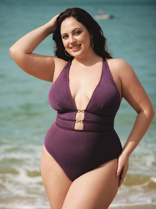 Purple Textured V Neck Plus Size One-Piece Swimsuit