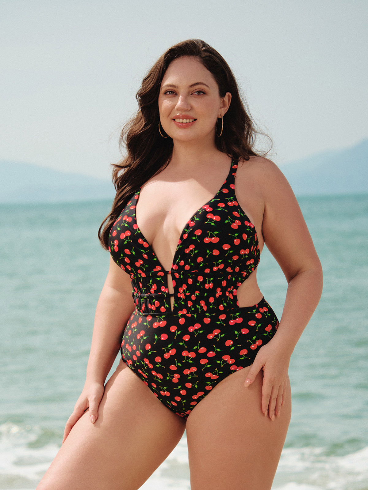 Cherry Drawstring Plus Size One-Piece Swimsuit