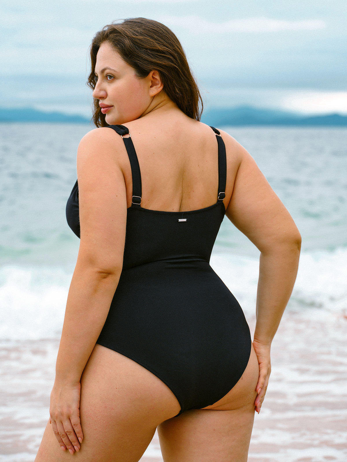 Black V Neck Ruched Plus Size One-Piece Swimsuit