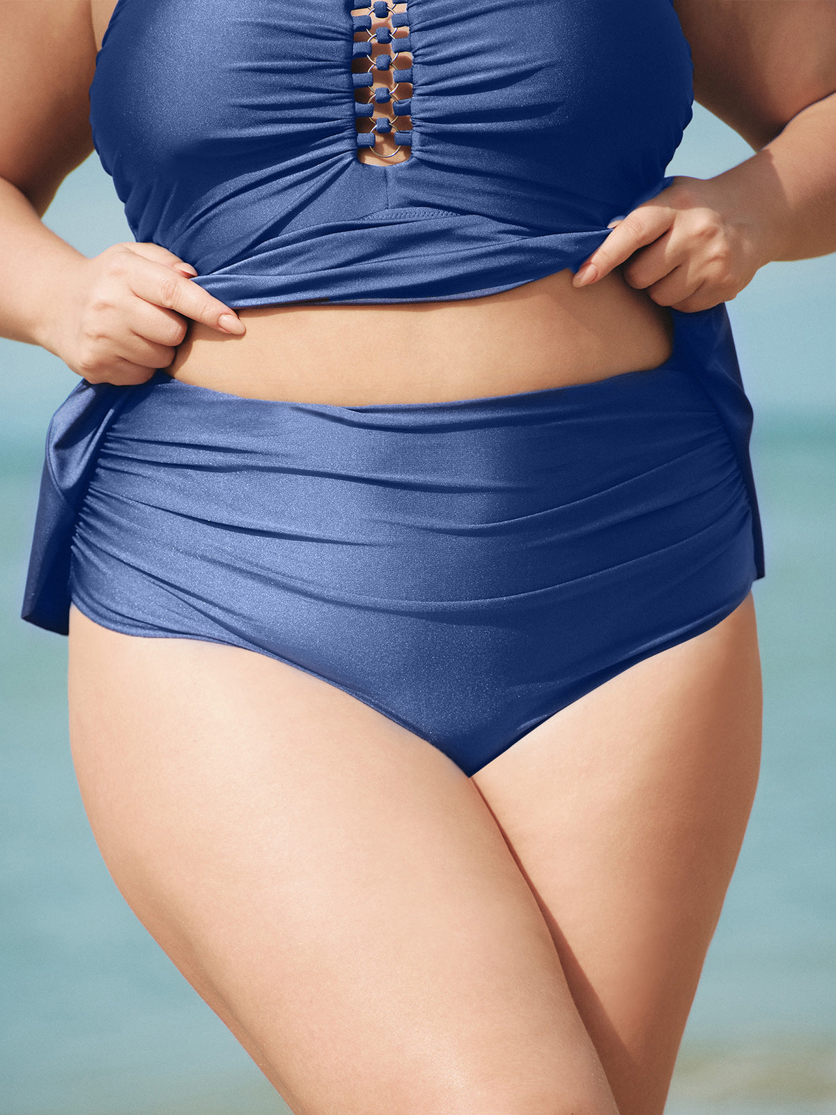 Blue Ruched Plus Size Tankini Bottom