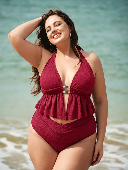 Red Textured Halter Plus Size Tankini Top