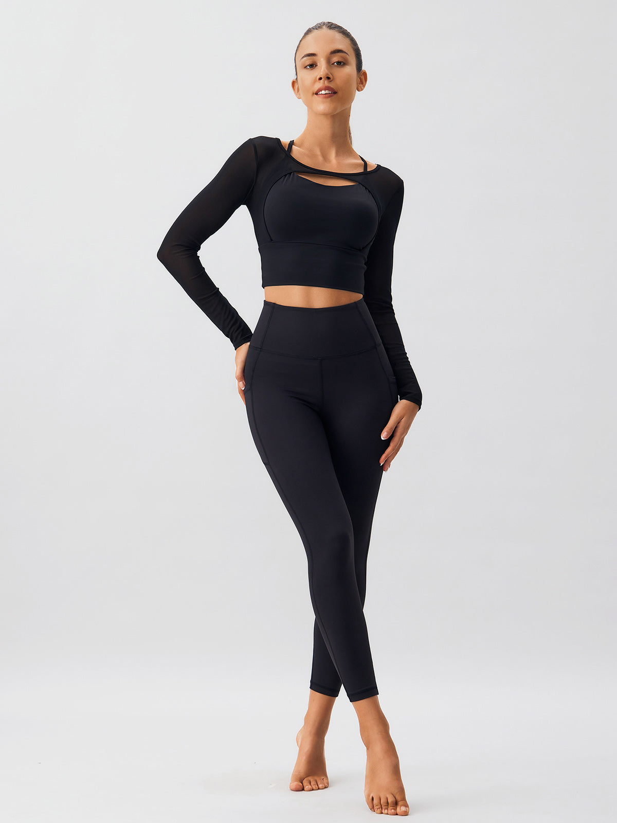 Black Cut Out Long Sleeve Top--Light Support