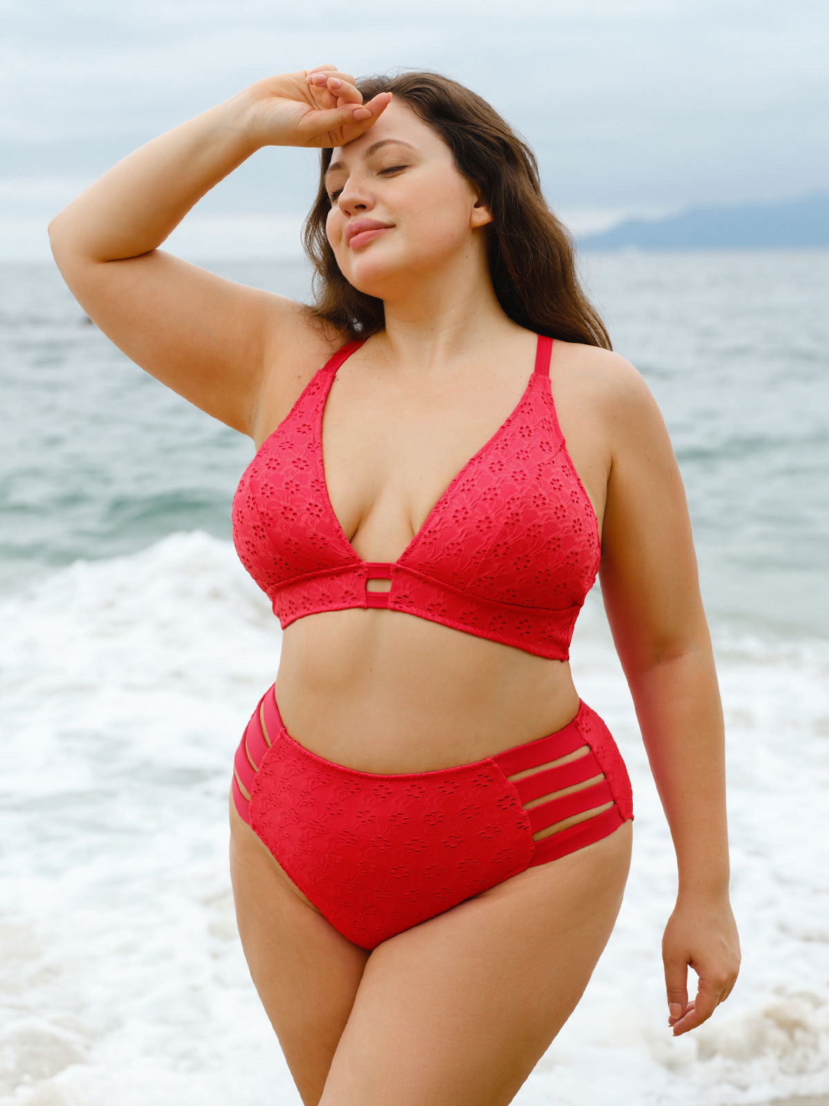 Red Textured Plus Size Bikini Bottom