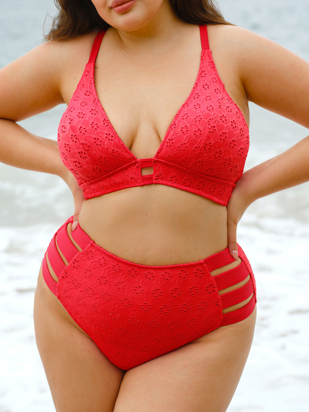 Red Textured Plus Size Bikini Bottom