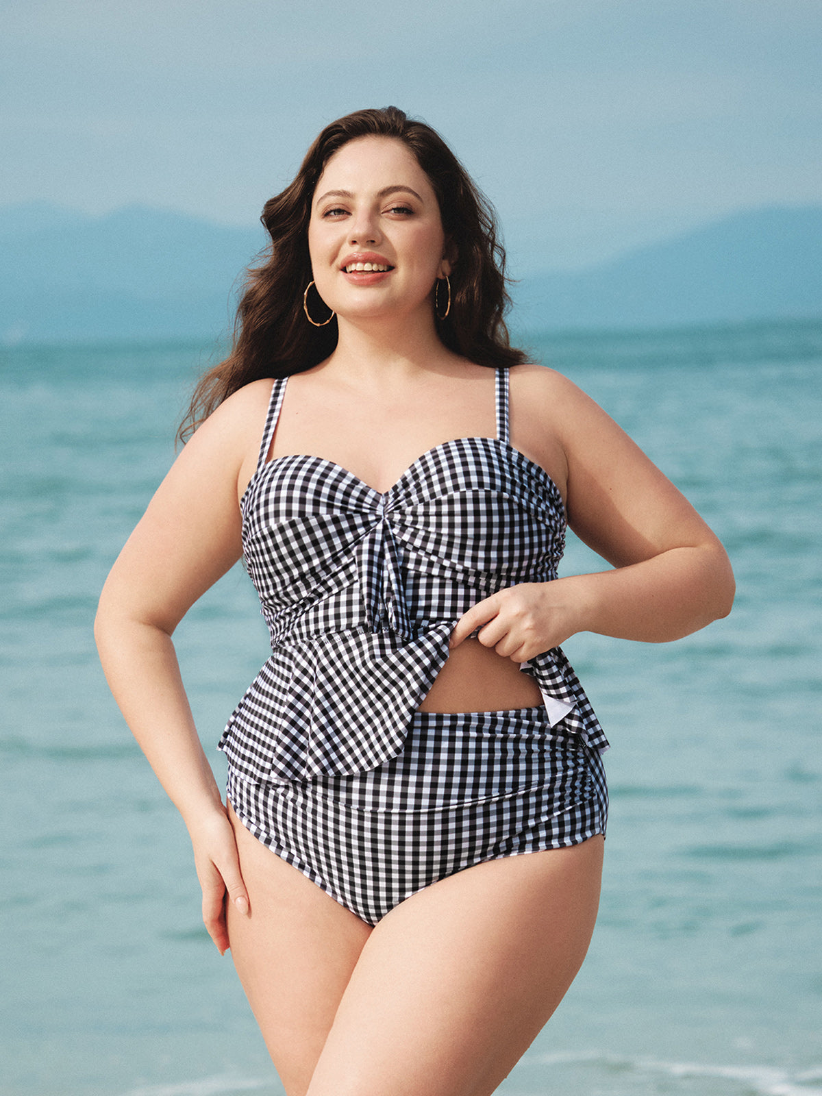Black Gingham Plus Size Tankini Bottom