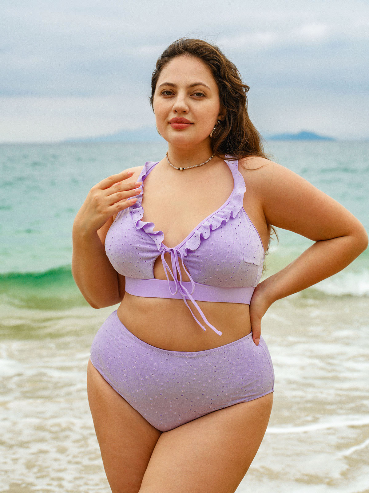 Purple Ruffled Drawstring Plus Size Bikini Top
