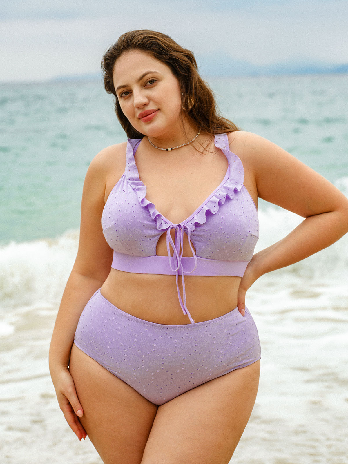 Purple Ruffled Drawstring Plus Size Bikini Top