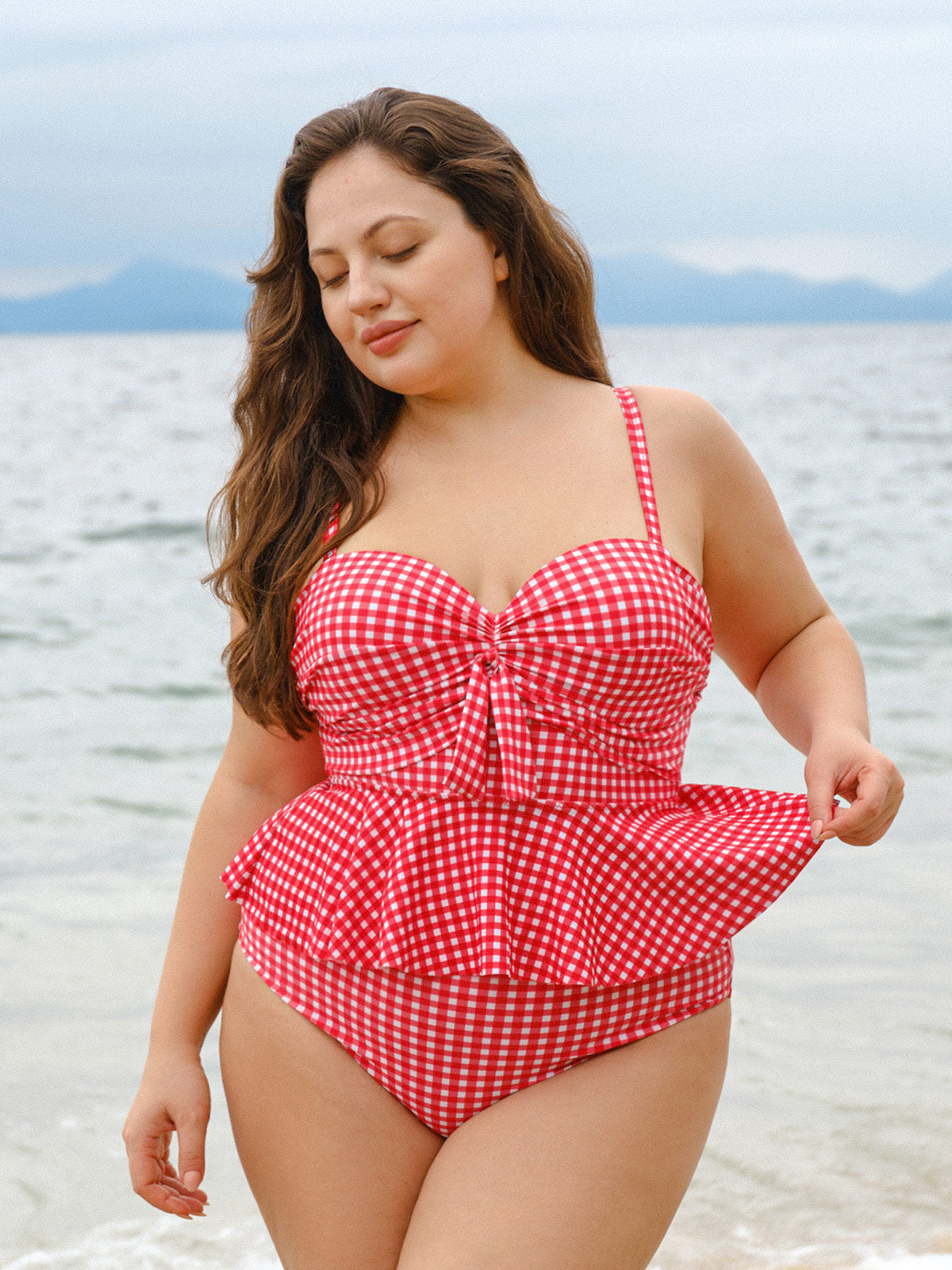 Red Gingham Plus Size Tankini Top