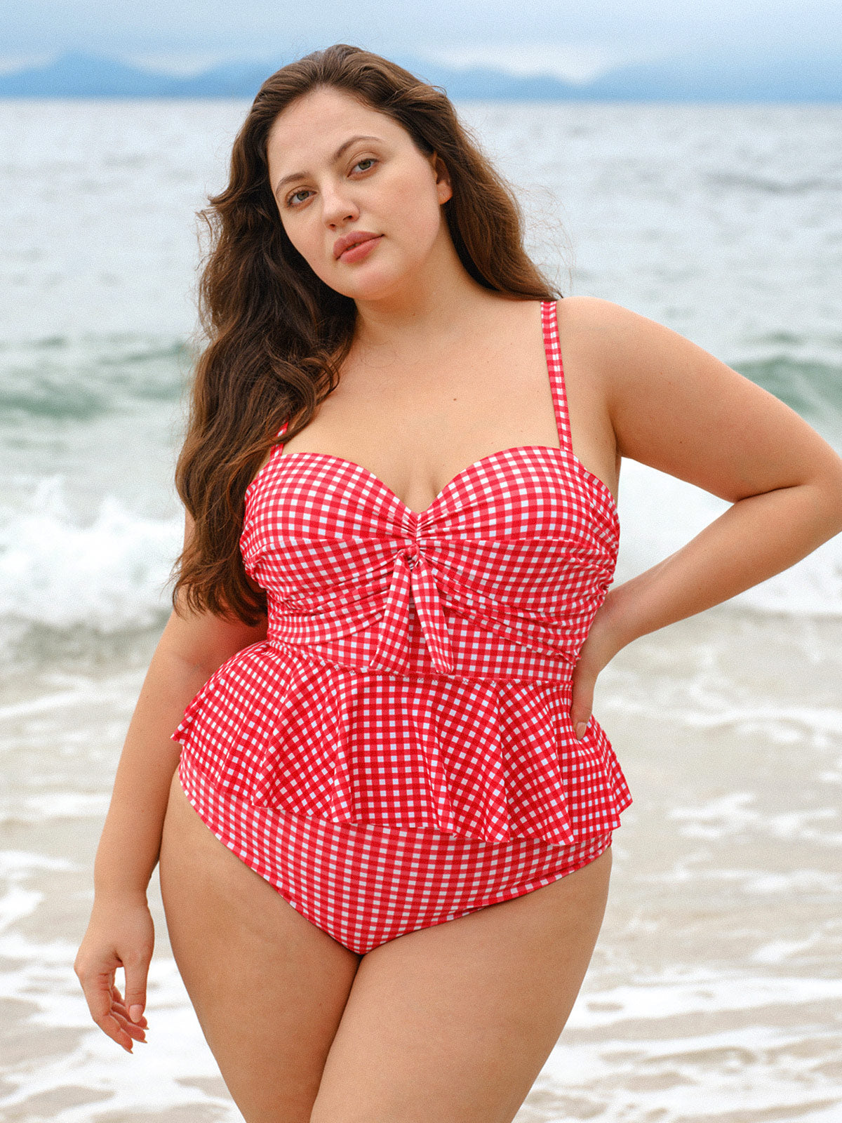 Red Gingham Plus Size Tankini Top