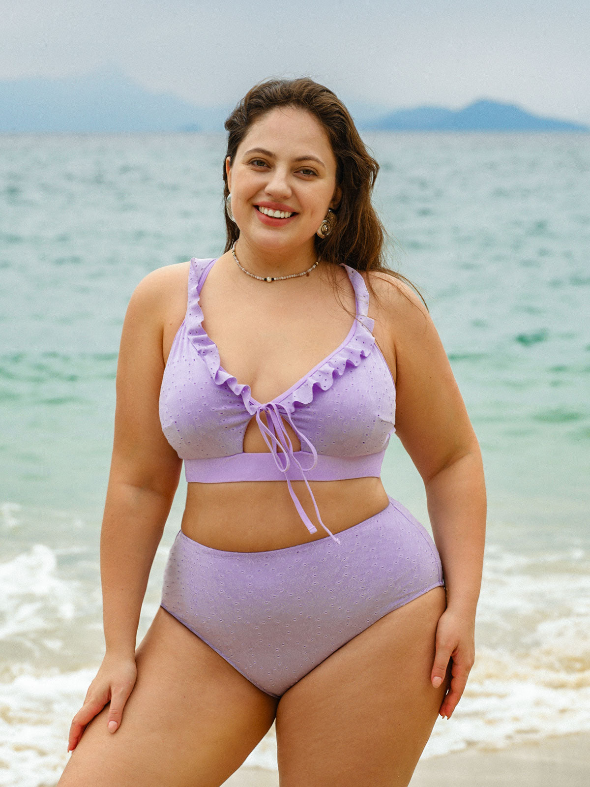 Purple Ruffled Drawstring Plus Size Bikini Top
