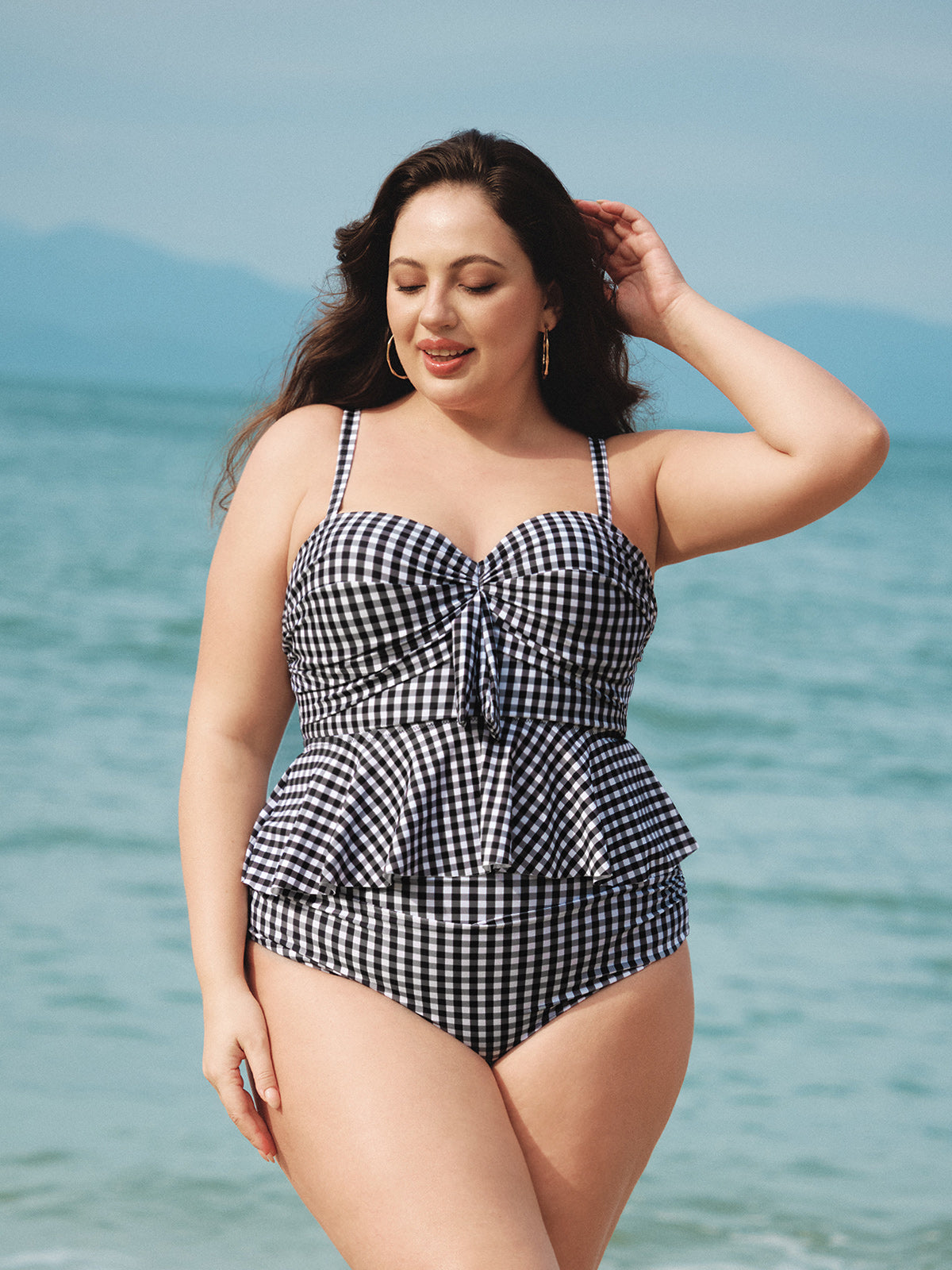 Black Gingham Plus Size Tankini Top
