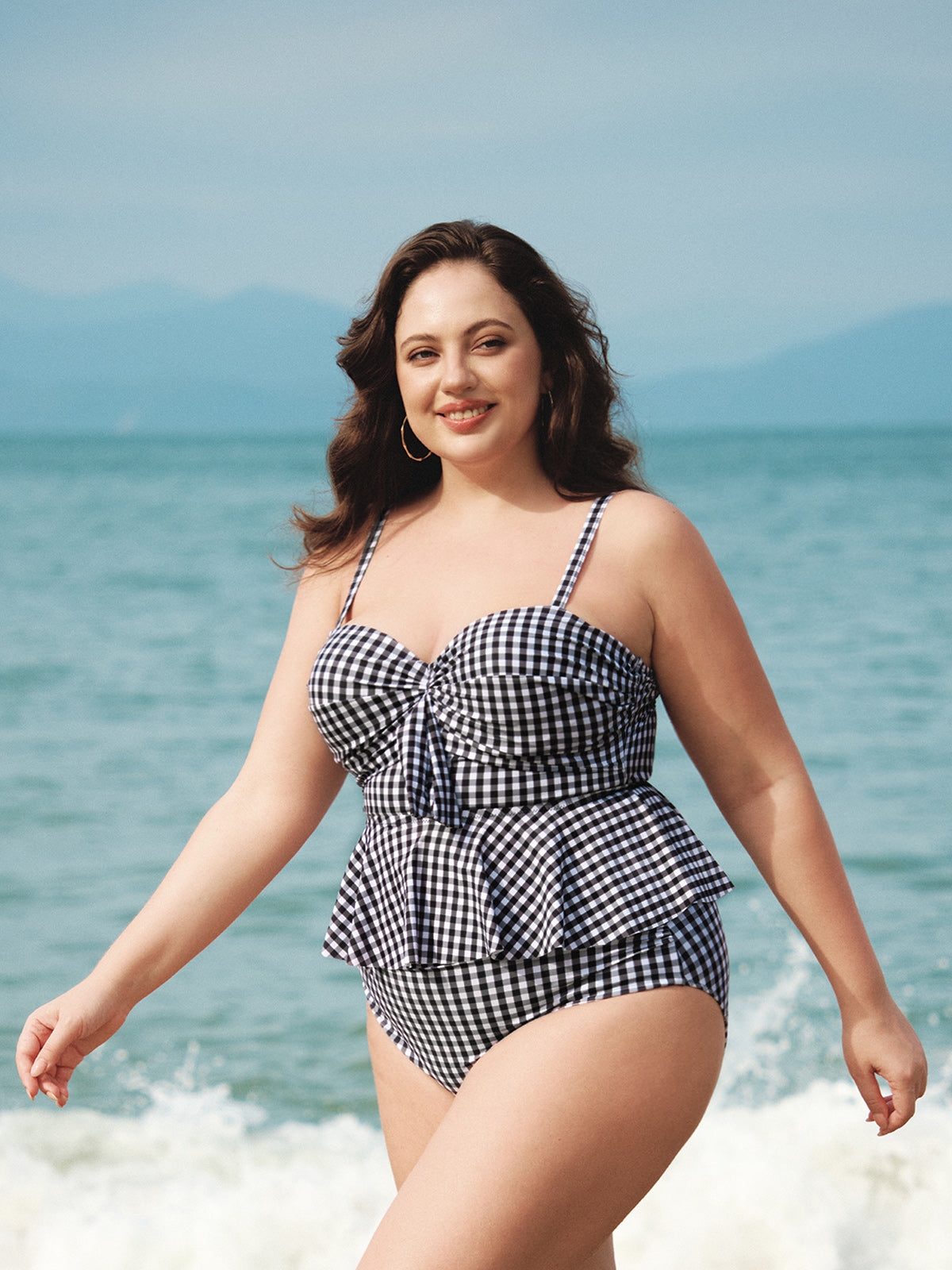 Black Gingham Plus Size Tankini Top