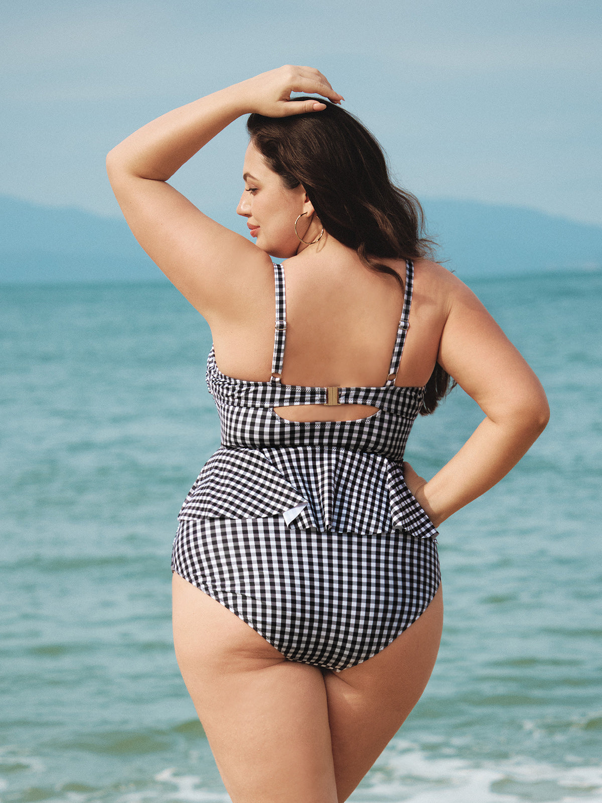 Black Gingham Plus Size Tankini Top