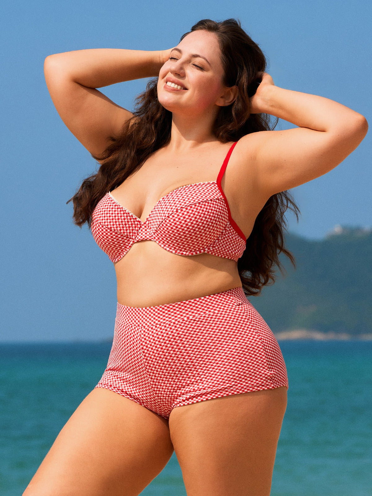 Red Gingham Plus Size Full Coverage Swim Shorts