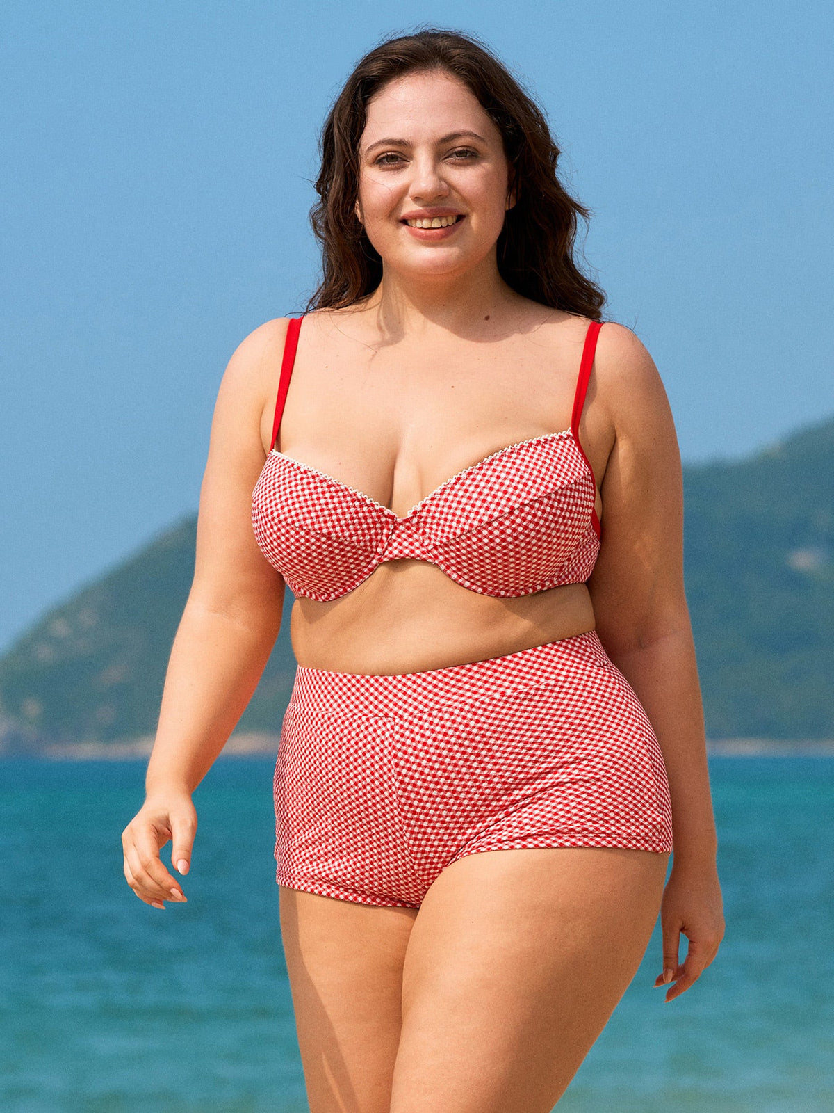 Red Gingham Underwire Plus Size Bikini Top