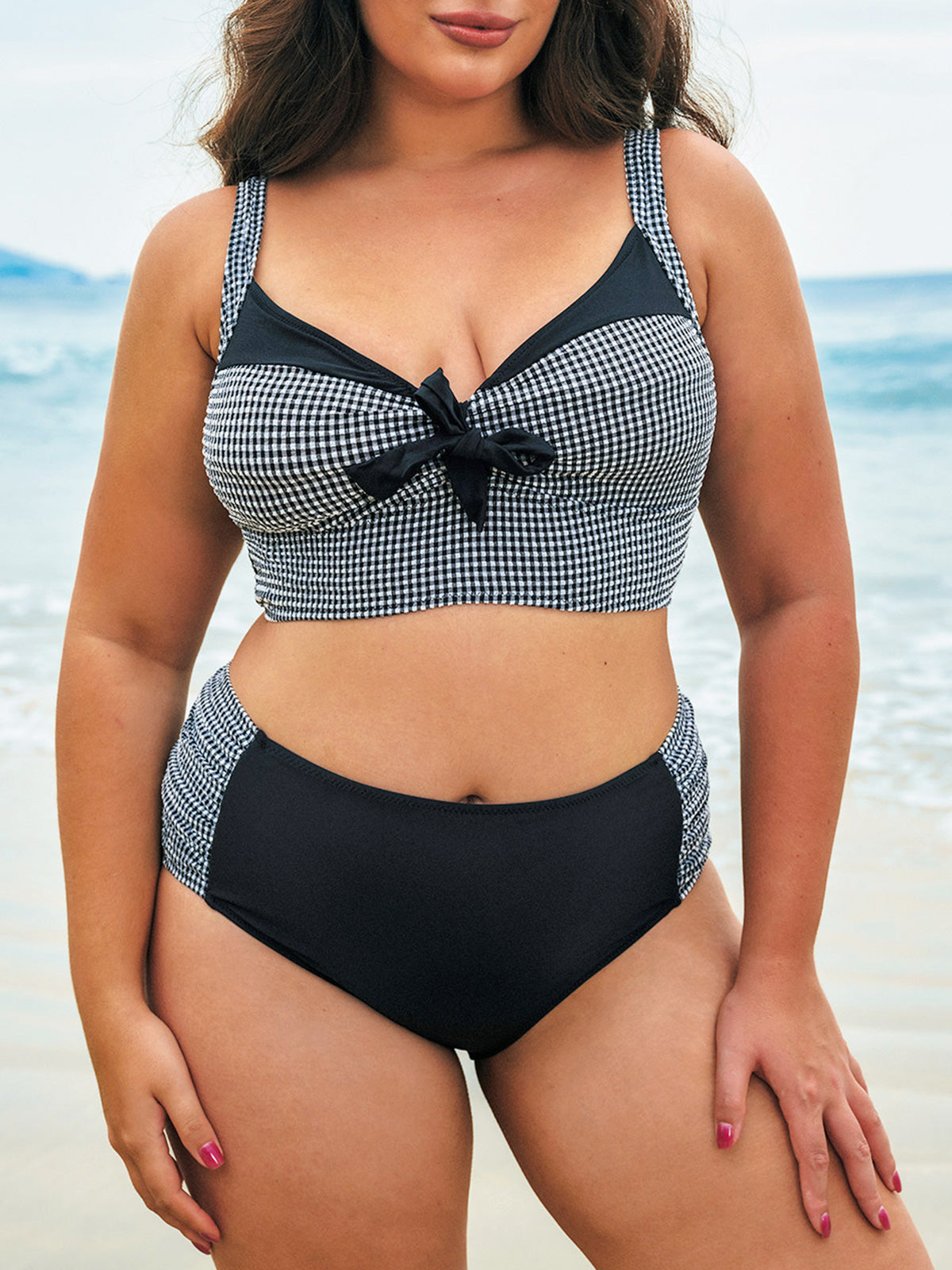 Black Gingham Bow Plus Size Bikini Top