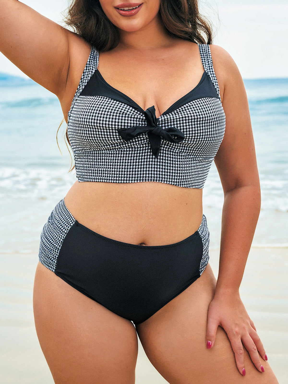 Black Gingham Bow Plus Size Bikini Top