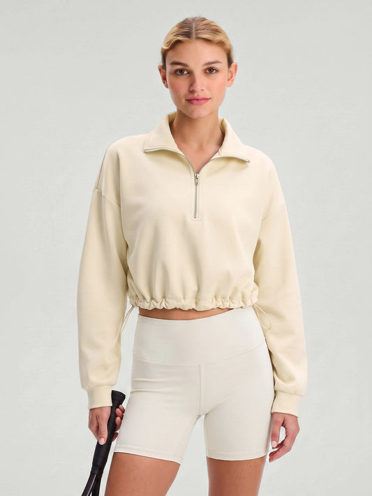 Cream Half Zip Collar Long Sleeve Top - Light Support