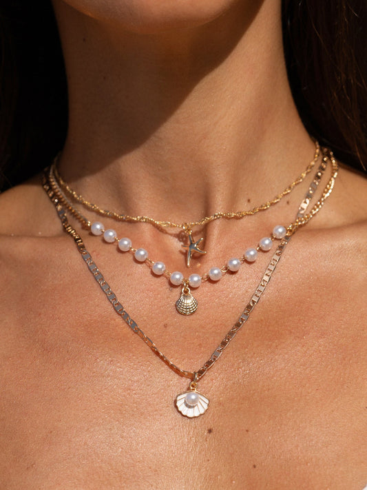 Gold Retro Seashell Pearl Layered Necklace