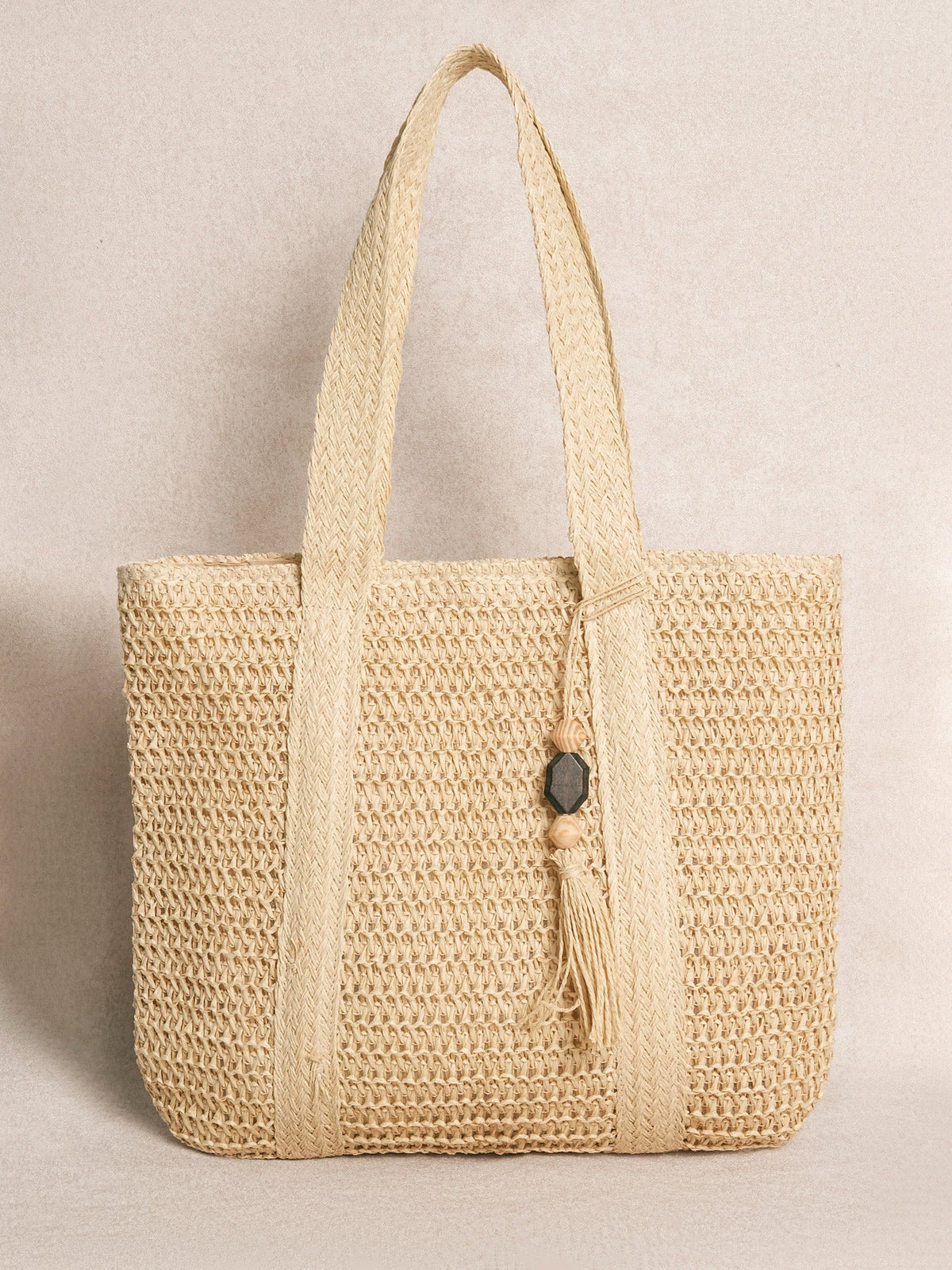 Off White Straw Tote Bag