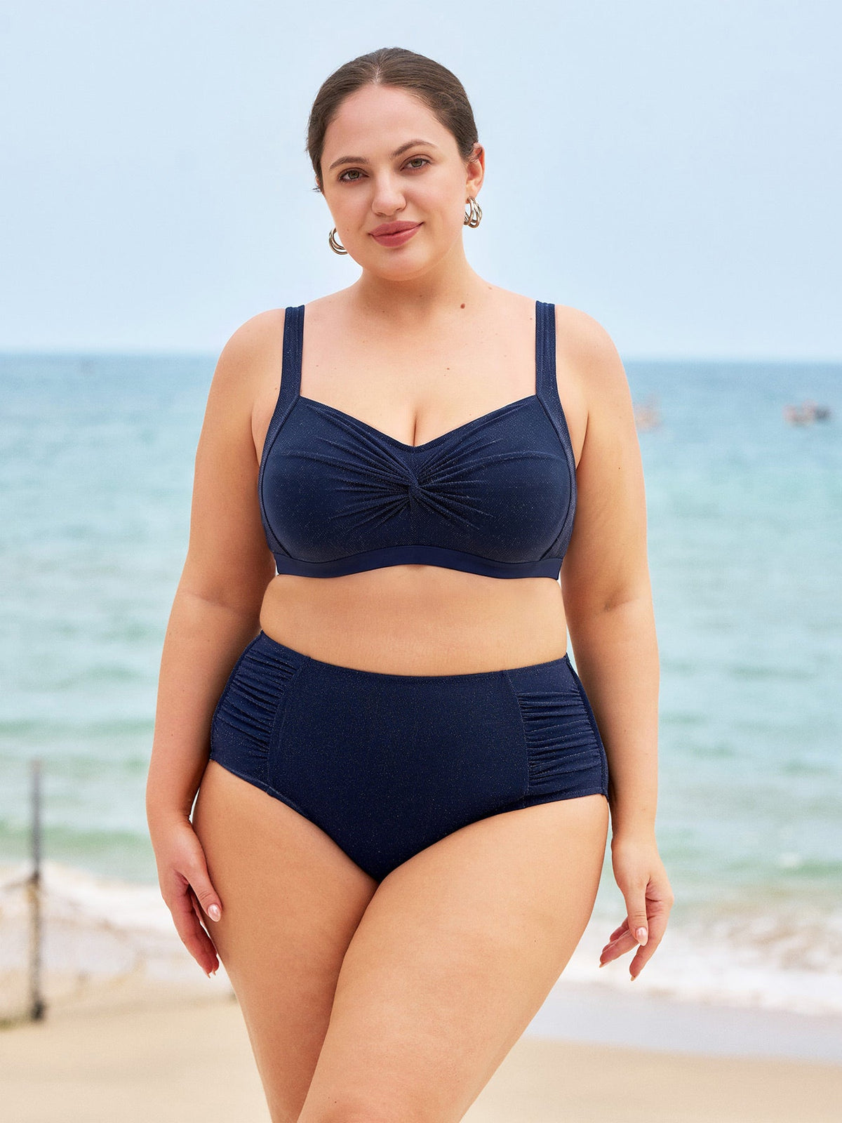 Navy Glitter X-Cross Plus Size Bikini Top