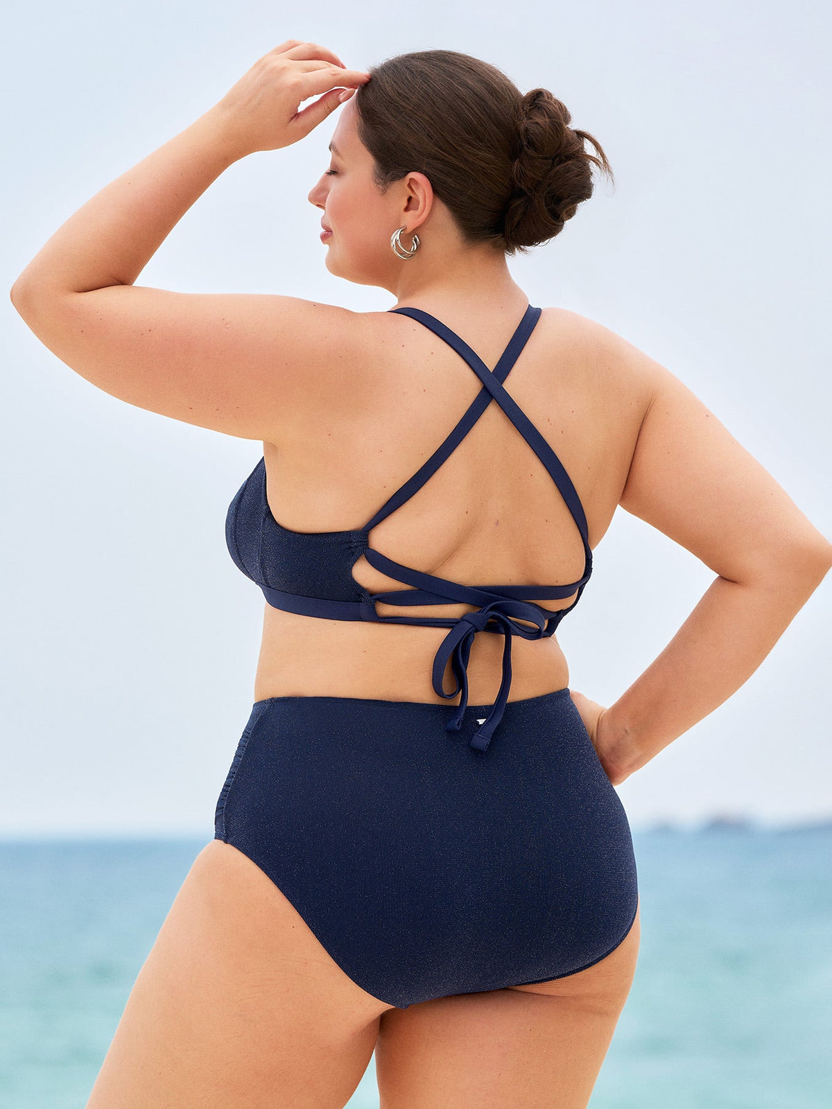 Navy Glitter X-Cross Plus Size Bikini Top