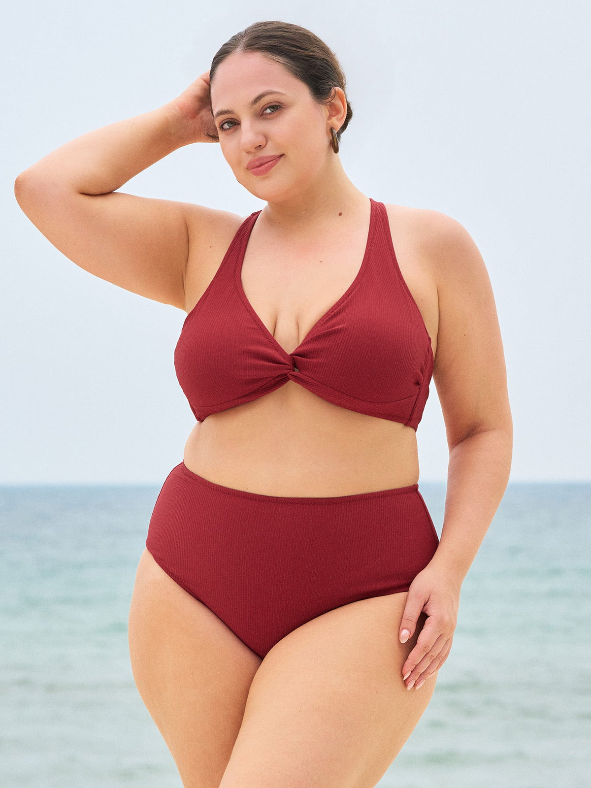 Wine Red Ribbed Plus Size Bikini Bottom