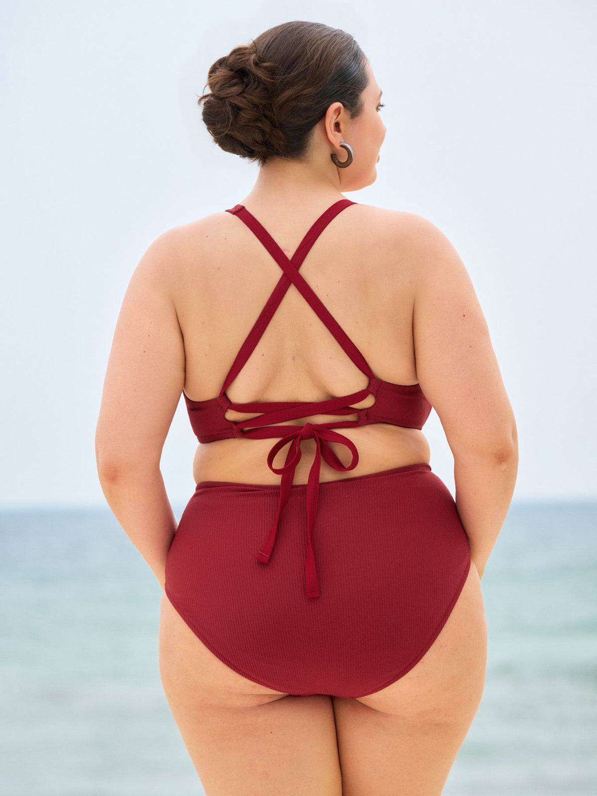 Wine Red Ribbed Plus Size Bikini Bottom