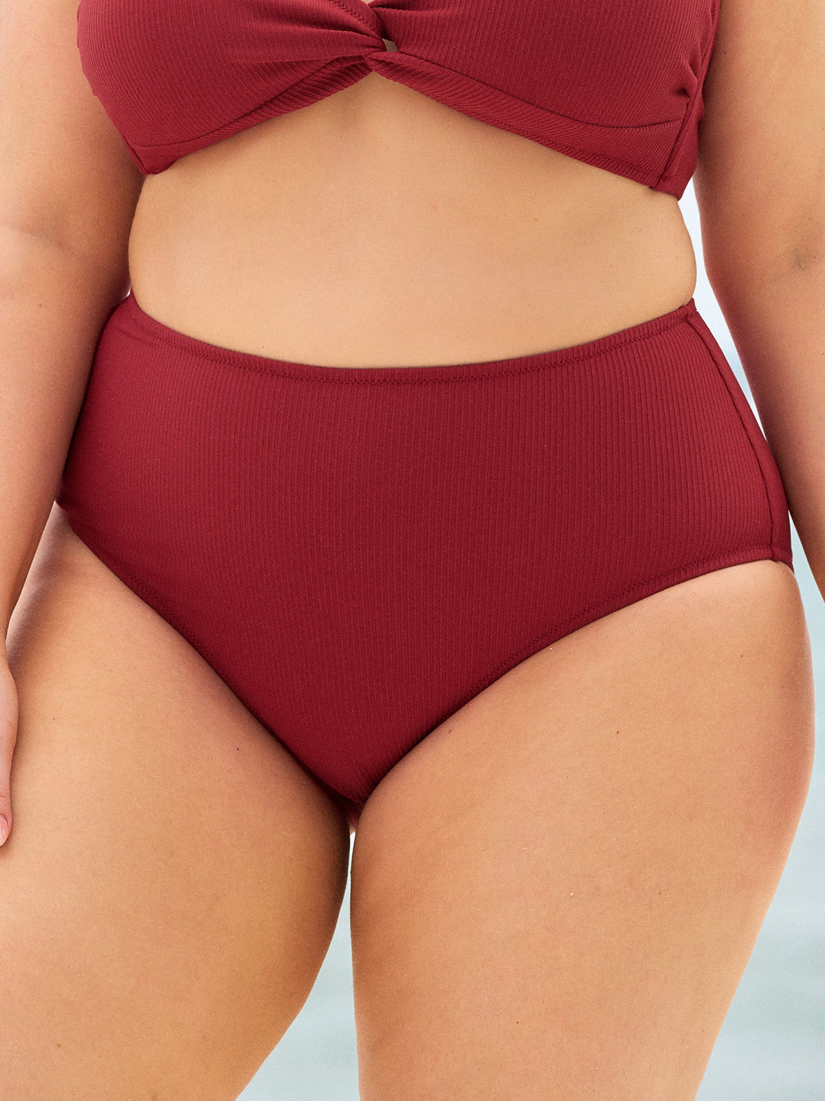 Wine Red Ribbed Plus Size Bikini Bottom