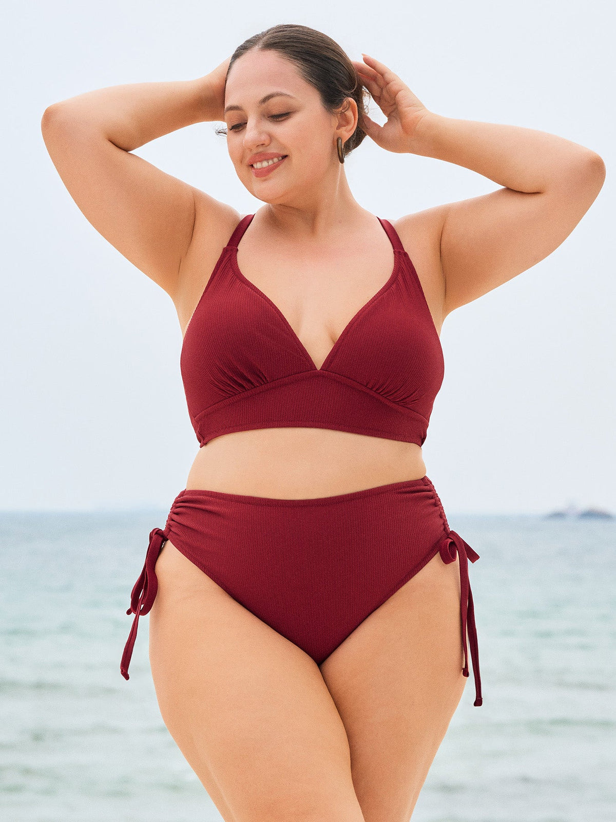 Wine Red Ribbed Natural Waisted Plus Size Bikini Bottom
