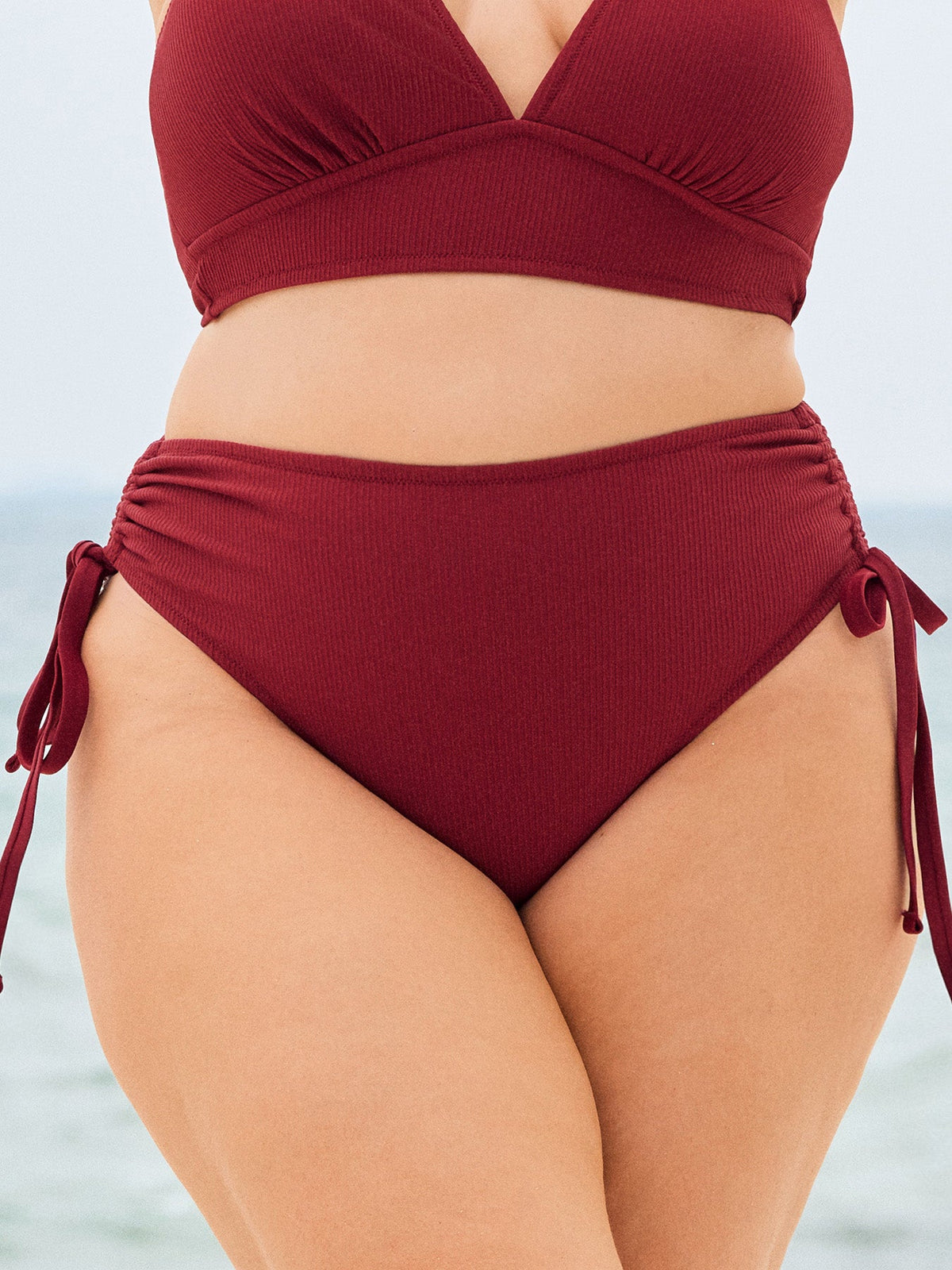 Wine Red Ribbed Natural Waisted Plus Size Bikini Bottom