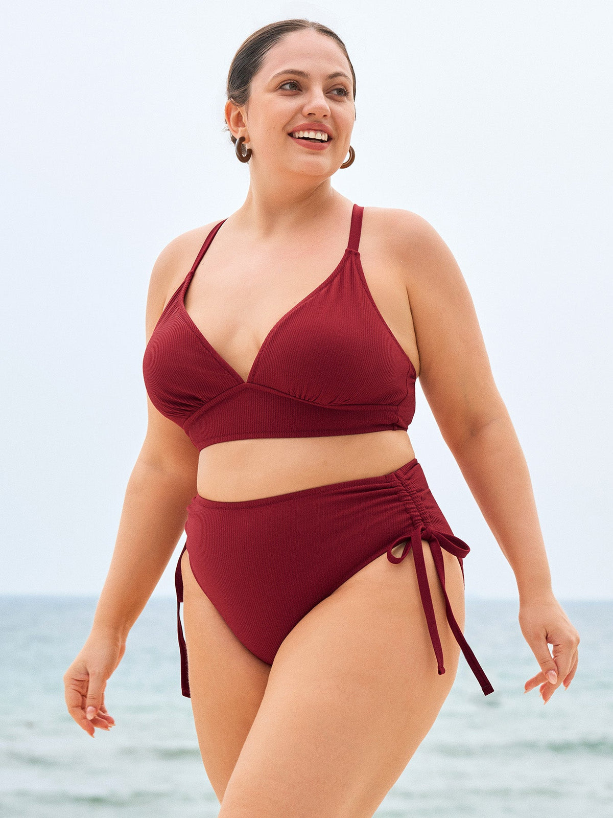 Wine Red Ribbed Natural Waisted Plus Size Bikini Bottom
