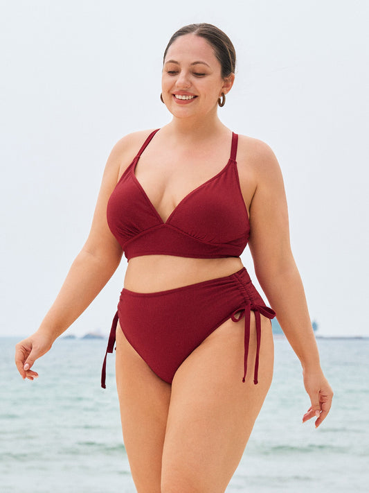 Wine Red Ribbed Cross Back Plus Size Bikini Top