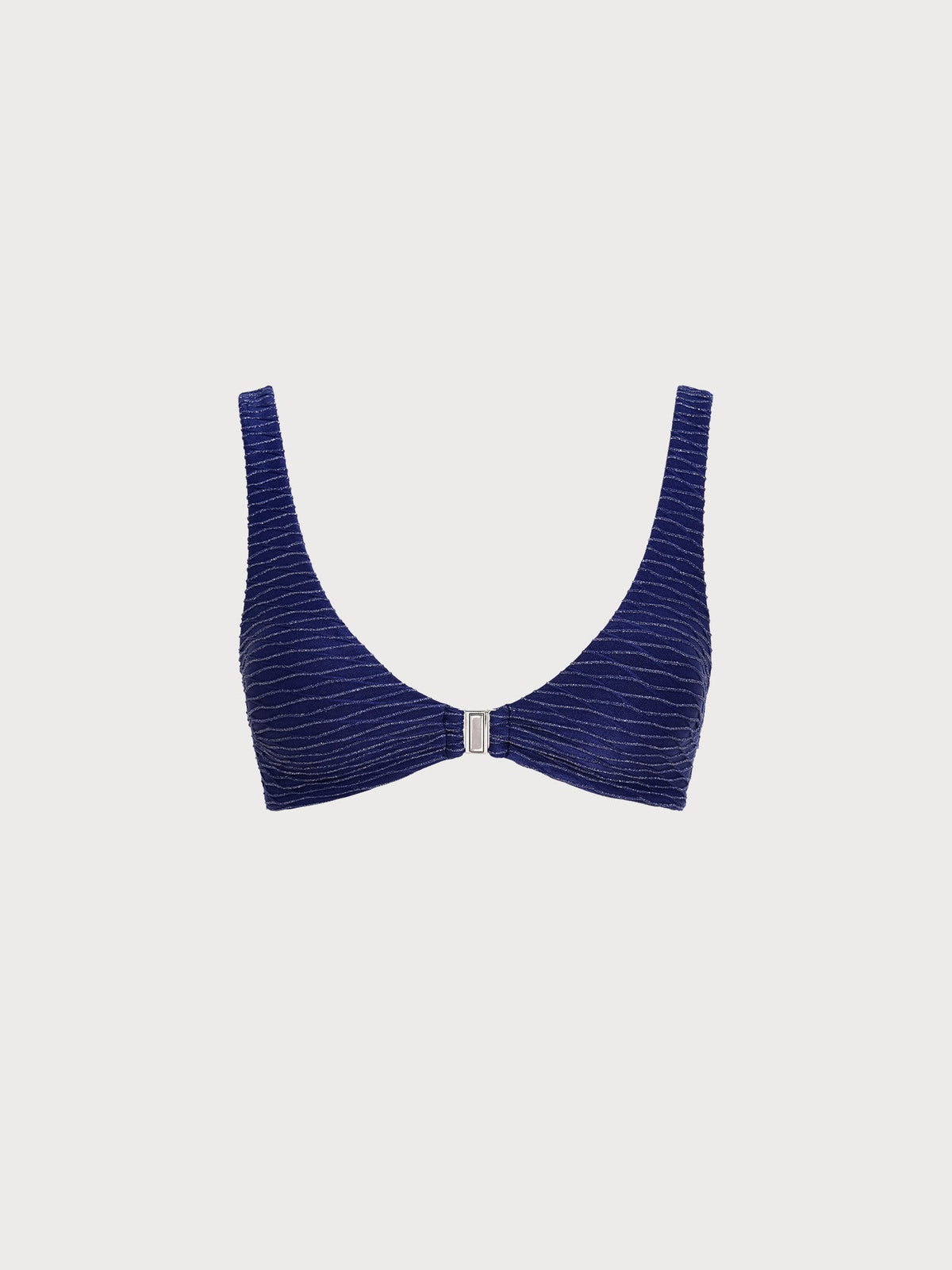 Navy Textured Lurex Front-Clasp Bikini Top