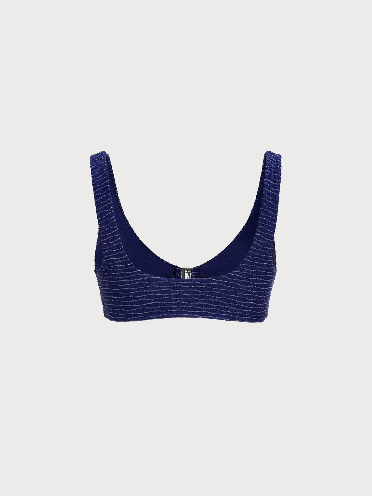 Navy Textured Lurex Front-Clasp Bikini Top