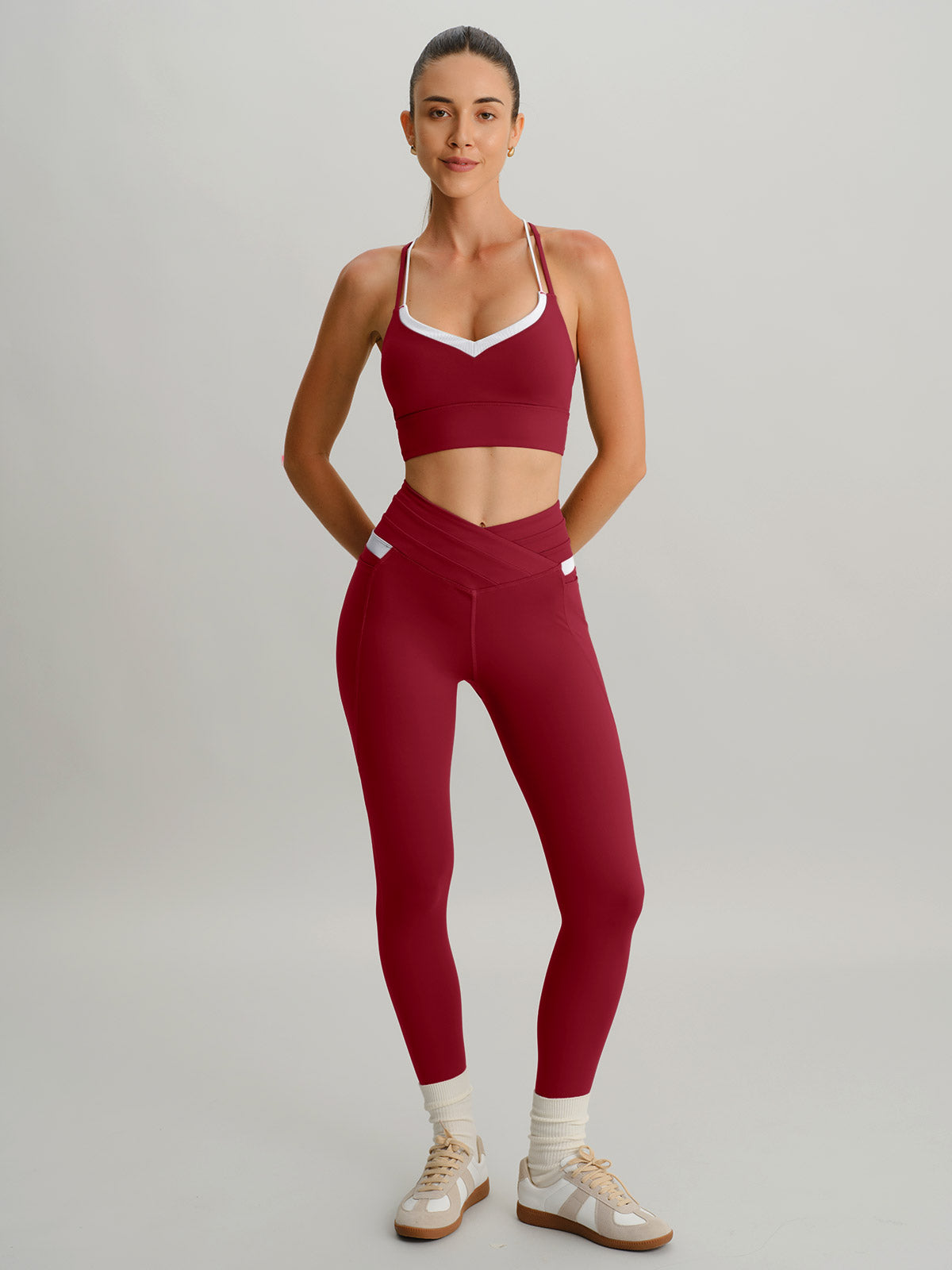 Wine Red High Waisted Pockets Leggings 26"