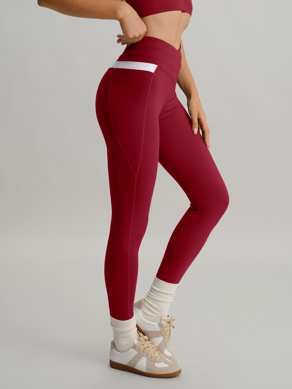 Wine Red High Waisted Pockets Leggings 26"